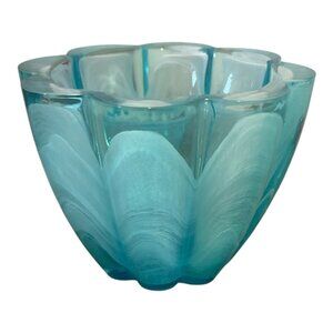ECOGLASS 100% Recycled Glass Blue Candle Votive Bowl Scalloped Hand Blown Spain